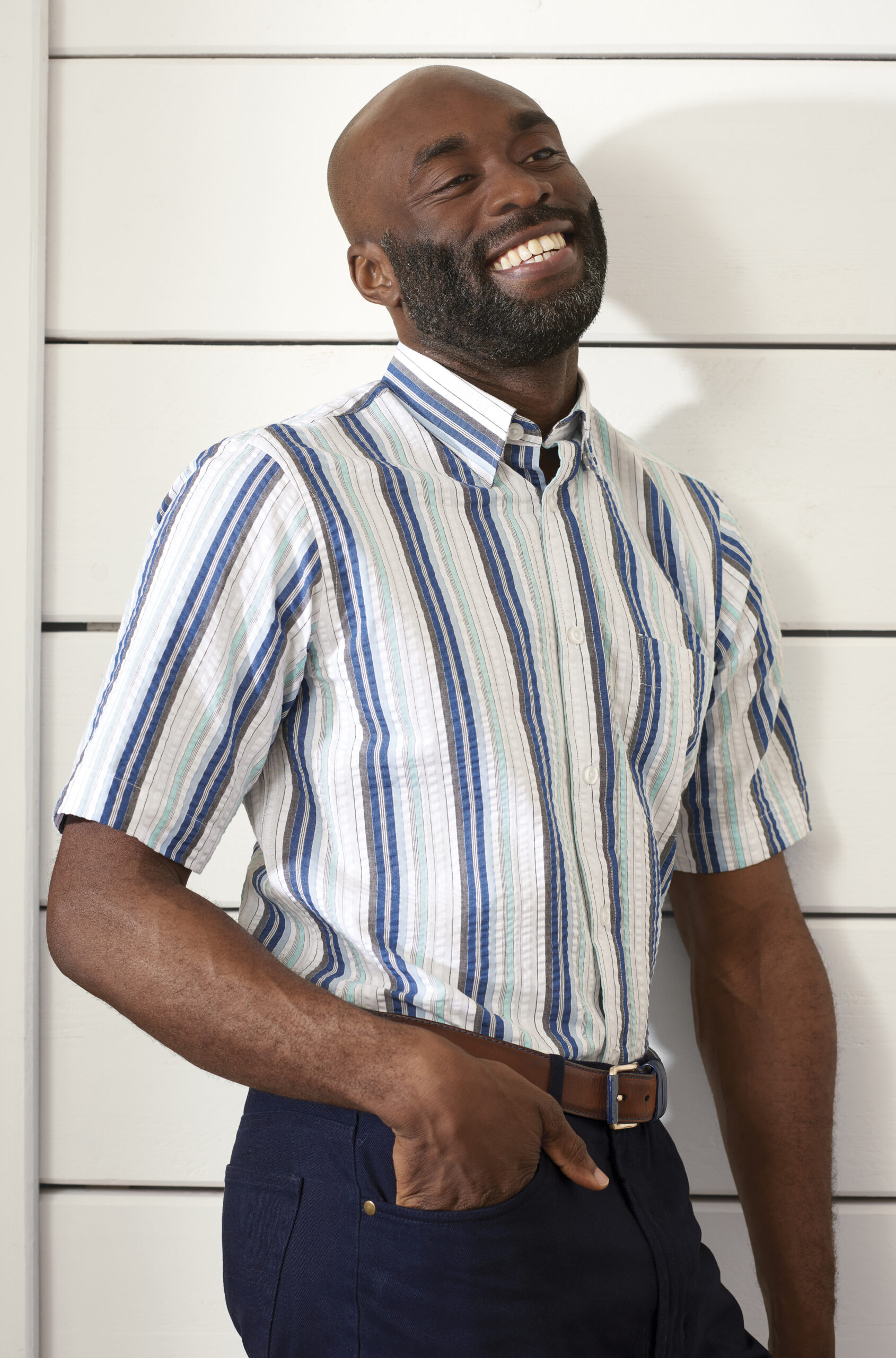 Fashion photography of striped shirt clothing from Peter Christian Spring Summer collection